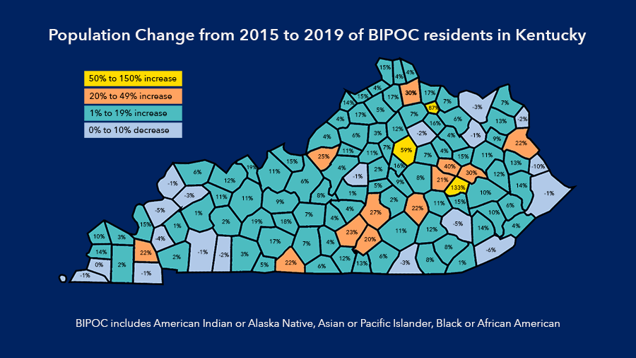 Kentucky map showing percent of population change of BIPOC residents in KY between 2105 and 2019