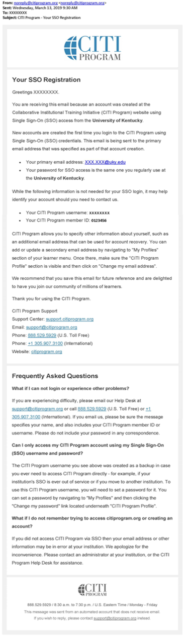 CITI email confirmation