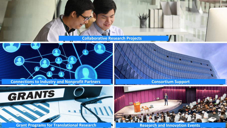 Collaborative Research Projects, Connections to Industry and Nonprofit Partners, Consortium Support, Grant Programs for Translational Research, Research and Innovation Events