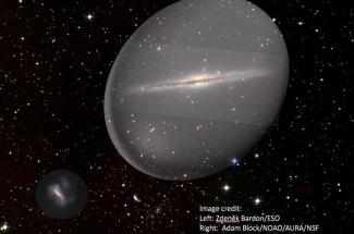 A depiction of the Milky Way dark matter halo, the plane of the galaxy's disk and the Large Magellanic Cloud galaxy (bottom left), which is believed to be distorting the Milky Way's dark matter halo into a tilted, football-shape as it orbits.