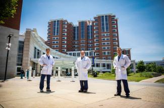 Photo of Dr. Paul Matuszewski (center) with the 2019 Orthopaedic Trauma Research Fellows, Eric Abbenhaus (left) and Gavin Hautala (right).