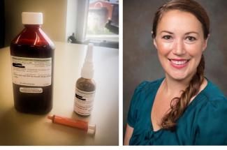 Picture of the antiseptic nasal spray and gargle being used in the study (Left). Lead investigator Alexandra Kejner, MD (Right).