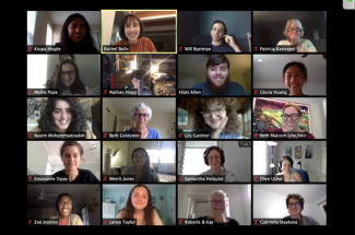 Screenshot of Zoom conference of The Prichard Committee Student Voice Team in consultation with UK professors Ellen Usher, Beth Goldstein and Daniela DiGiacomo
