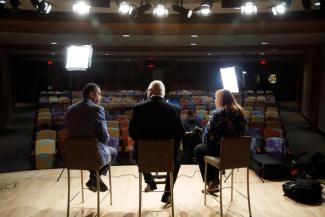 Dr. Peter Sawaya, nephrology, Dr. Greg Jicha of Sanders-Brown and Allison Gibson, College of Social Work, on the set of some brain health training videos they will be producing on April 23, 2021. Mark Cornelison | UKphoto