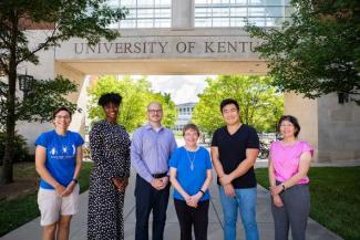 Researchers from the Neuroscience Research Priority Area, (L-R): Clare Rittschof, Lauren Whitehurst, Josh Morganti, Linda Van Eldik, Ramon Sun, Tritia Yamasaki (not pictured: Larry Goldstein). Pete Comparoni | UK Photo.