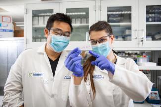 Ramon Sun, Ph.D., and doctoral student Tara Hawkinson inside the lab