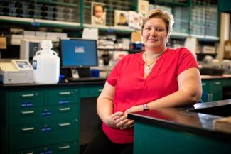 Donna Wilcock, Ph.D., professor at the UK Sanders-Brown Center for Aging in her lab on Aug. 14, 2019. 