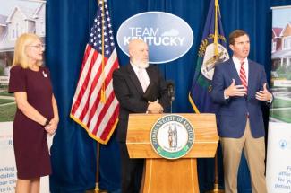 KIPRC Director Terry Bunn, CHFS Secretary Eric Friedlander and Kentucky Gov. Andy Beshear announce a new website to help people in recovery find housing. Hilary Brown | UK Photo.