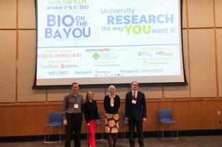 UK researchers pitch their innovations at BIO on the BAYOU. Left to right: Oleg Tsodikov, Ph.D., Sylvie Garneau-Tsodikova, Ph.D., Holly Clark with OTC and Stefan Stamm, Ph.D. Photo provided