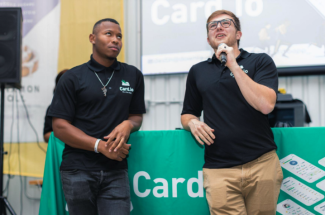 UK alumnus Destin George Bell (left) with co-founder Max Miranda (right) at the launch party for Card.io in Austin, Texas. Photo provided by Card.io.