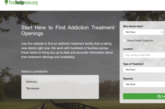 Screenshot of the homepage of FindHelpNow.org. Users can now choose between Kentucky and Tennessee jurisdictions.