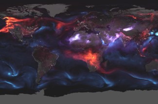 Visualization of a model output for aerosols on Aug. 23, 2018, a day with huge plumes of smoke drifting over North America and Africa and large clouds of dust blowing over deserts in Africa and Asia. Credit: NASA/Joshua Stevens/Adam Voiland.