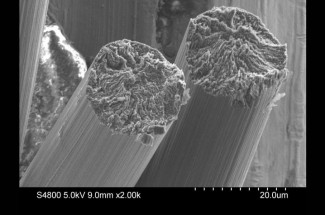 Scanning electronic microscope (SEM) image of high performance carbon fibers from waste coal (Western KY #9 coal, which came from the prep plant underflow). Photo provided by CAER.