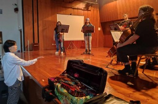 Tze-Ying Wu, an assistant professor in the UK College of Fine Arts School of Music, coaches Ionian University string students as part of UKinSPIRE-funded work in Greece in October 2023. 