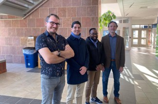 Left to right: Robby Pace, senior research scientist; Eduardo Santillan-Jimenez, CAER associate director for research; Great Umenweke, graduate student; and Chad Risko, John C. Hubbard Professor of Chemistry. Photo by Dave Melanson.