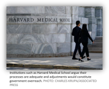 Institutions such as Harvard Medical School argue their processes are adequate and adjustments would constitute government overreach. PHOTO: CHARLES KRUPA/ASSOCIATED PRESS